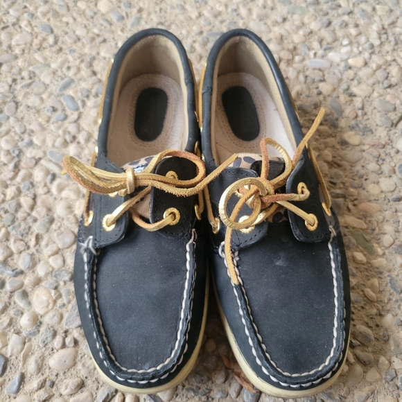 Sperry Black and Cheetah Print Top-Siders with Gold Laces - Picture 4 of 11